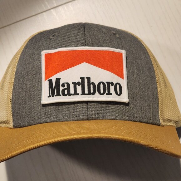 Marlboro Patched Heather Grey/Birch/Amber Gold Mesh Low Profile Snapback Trucker - Picture 1 of 2